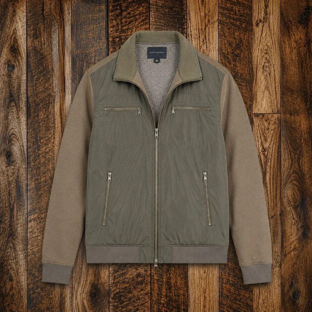 Banana Republic Men Large Mixed Media Full Zip Jacket Olive Brown Bomber Utility